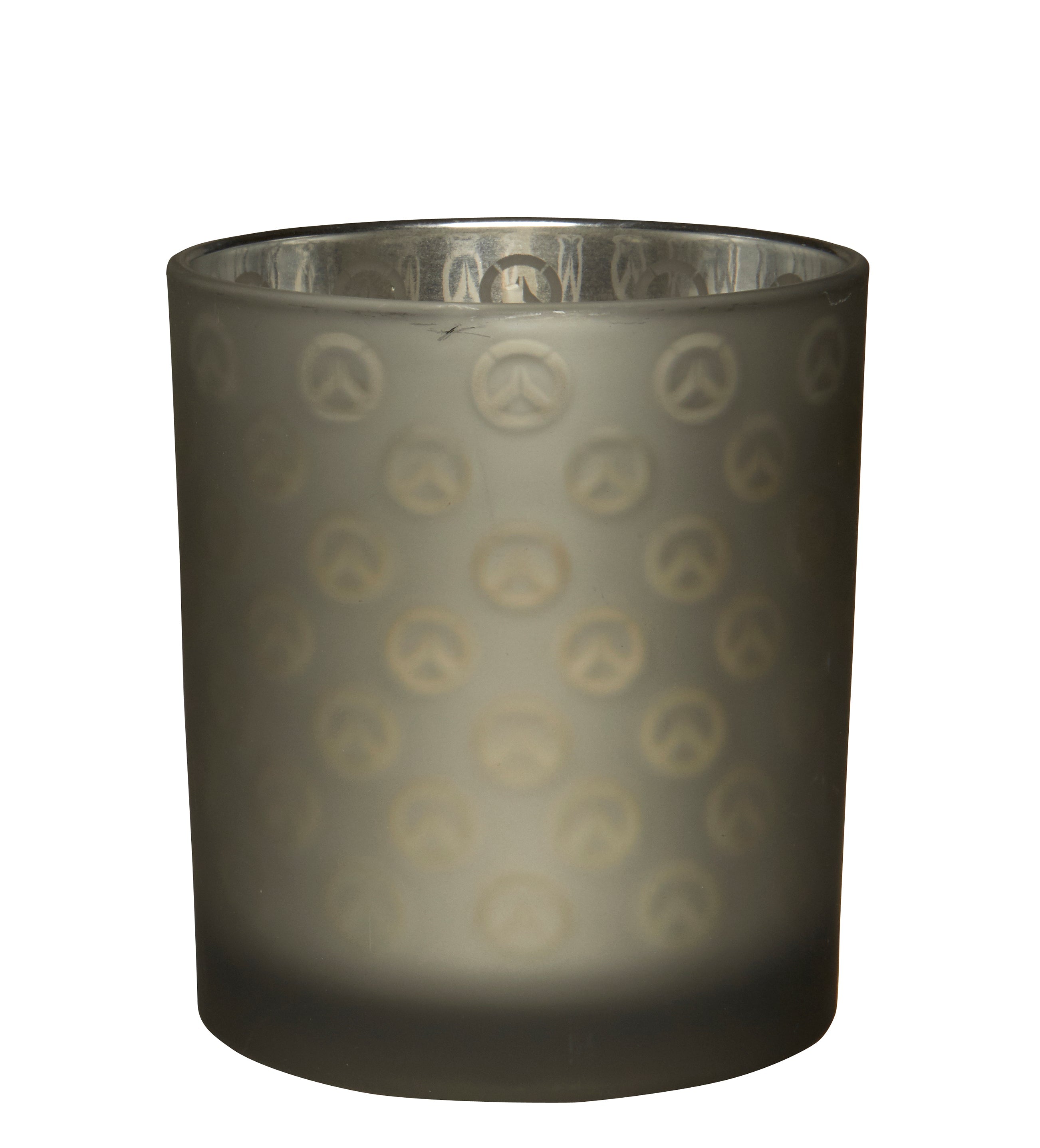 Insight Editions Overwatch glass candle in a clear container, with a lit wick and decorative design, for home decor and ambiance.