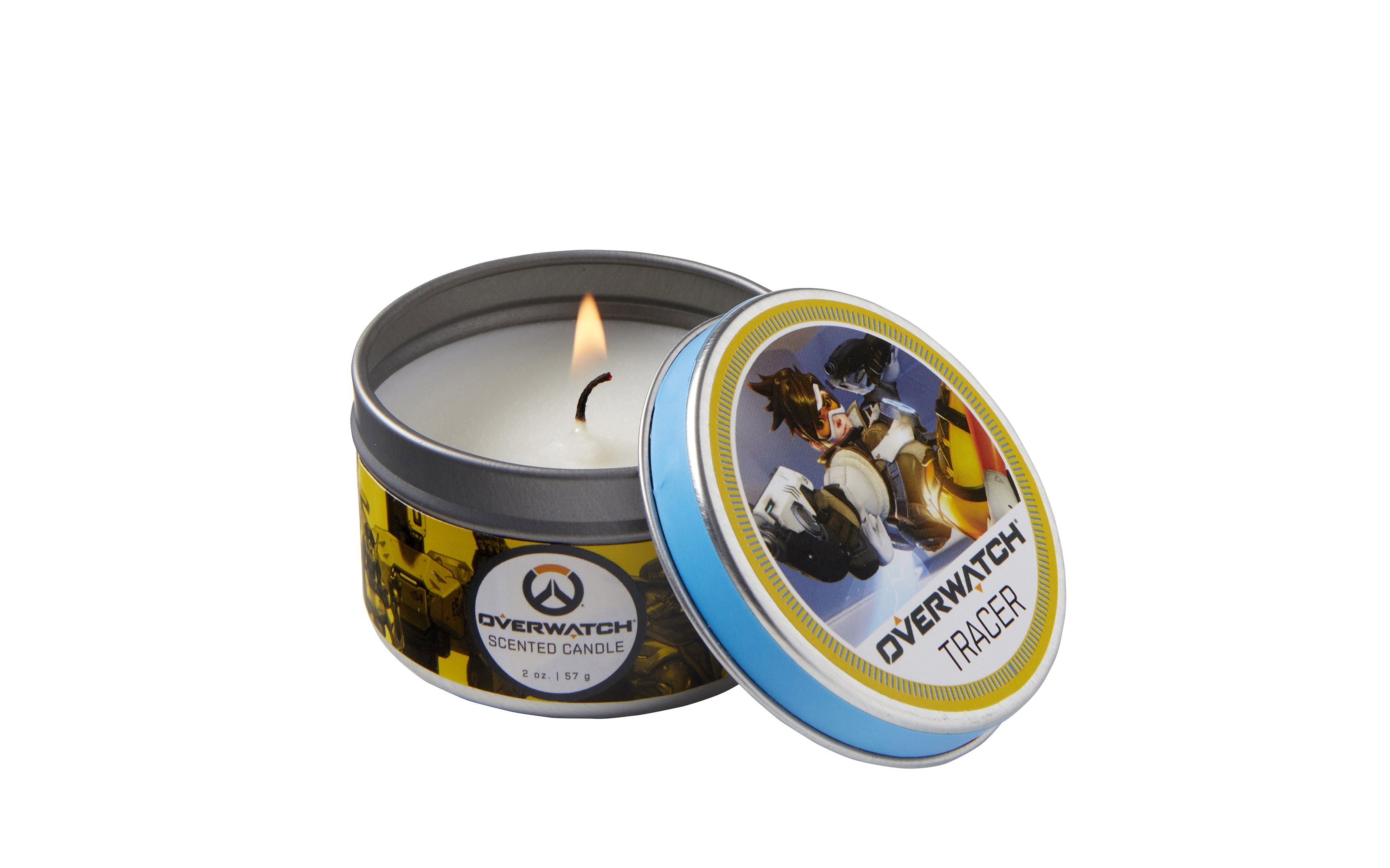 Overwatch Tracer scented candle by Insight Editions, 2 oz. home decor item with Tracer character design and flame.