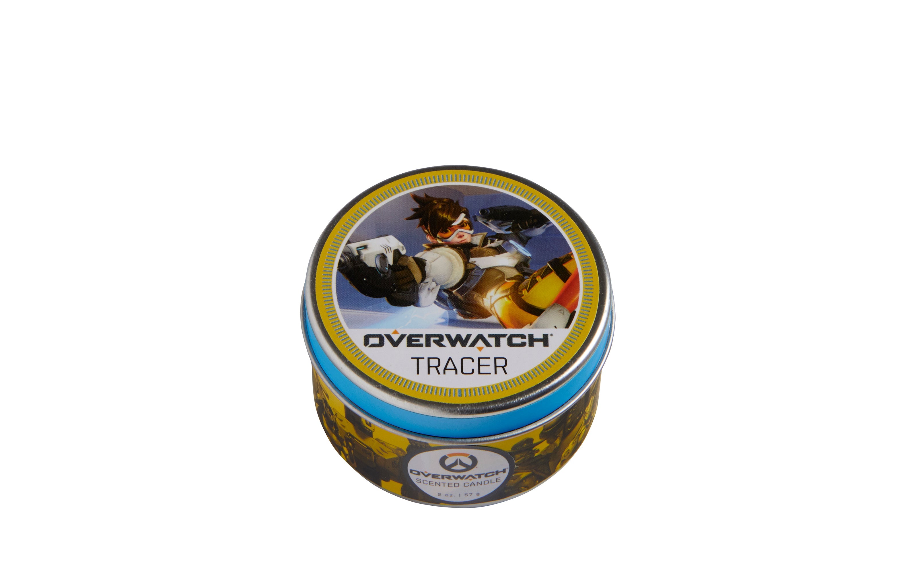 Overwatch Tracer scented candle in a 2 oz. jar, featuring Tracer character design, ideal for home decor and ambient lighting.