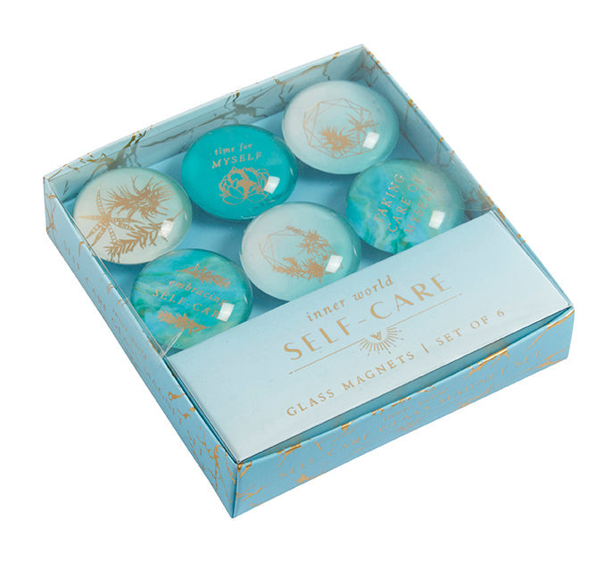 Set of six self-care glass magnets by Insight Editions, featuring colorful designs for home decor and positive messaging.