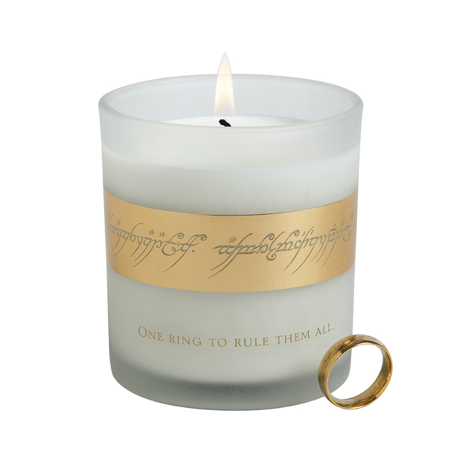 Glass candle featuring The Lord of the Rings: The One Ring design, a collectible home decor item by Insight Editions.