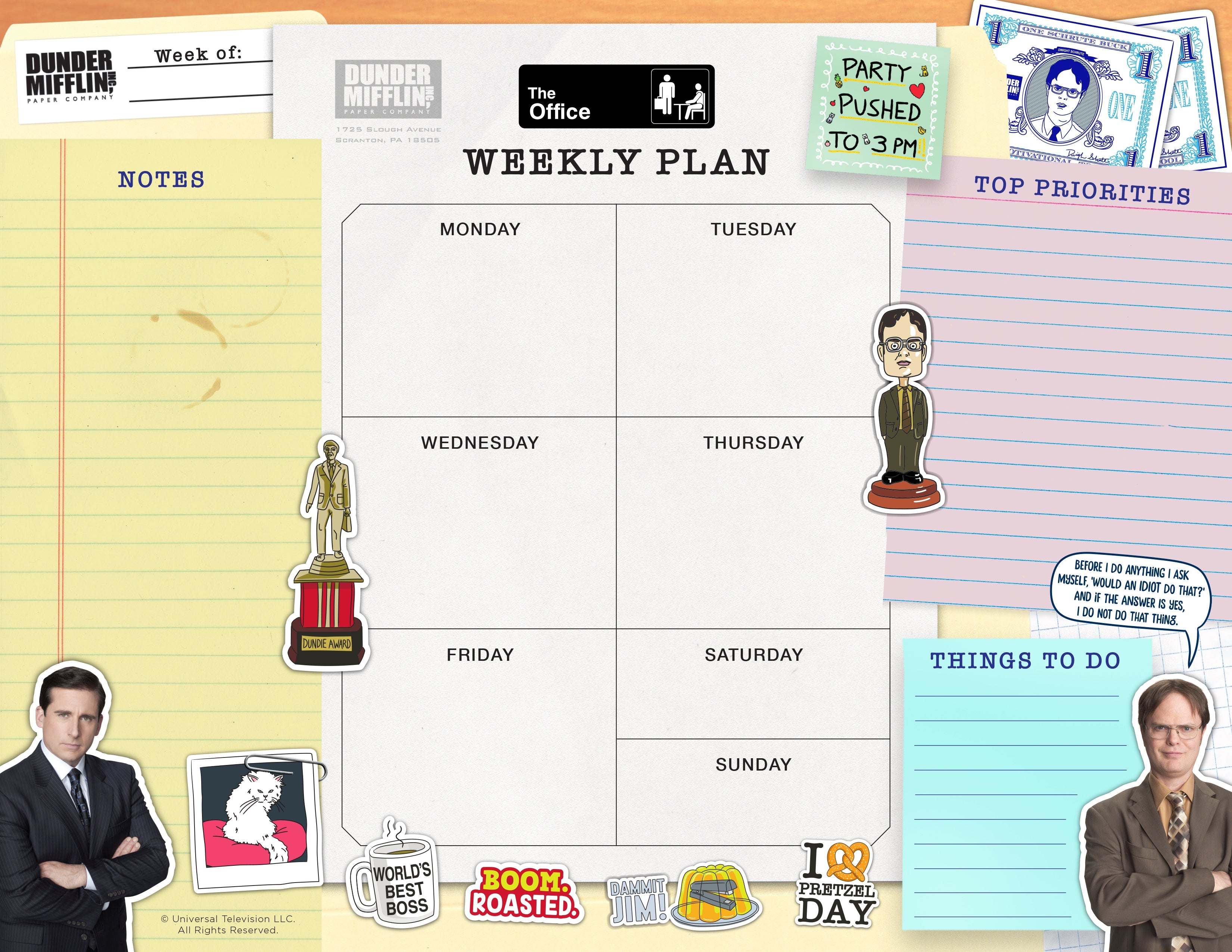 The Office weekly planner notepad by Insight Editions, featuring a colorful cover and pages for organizing weekly tasks.