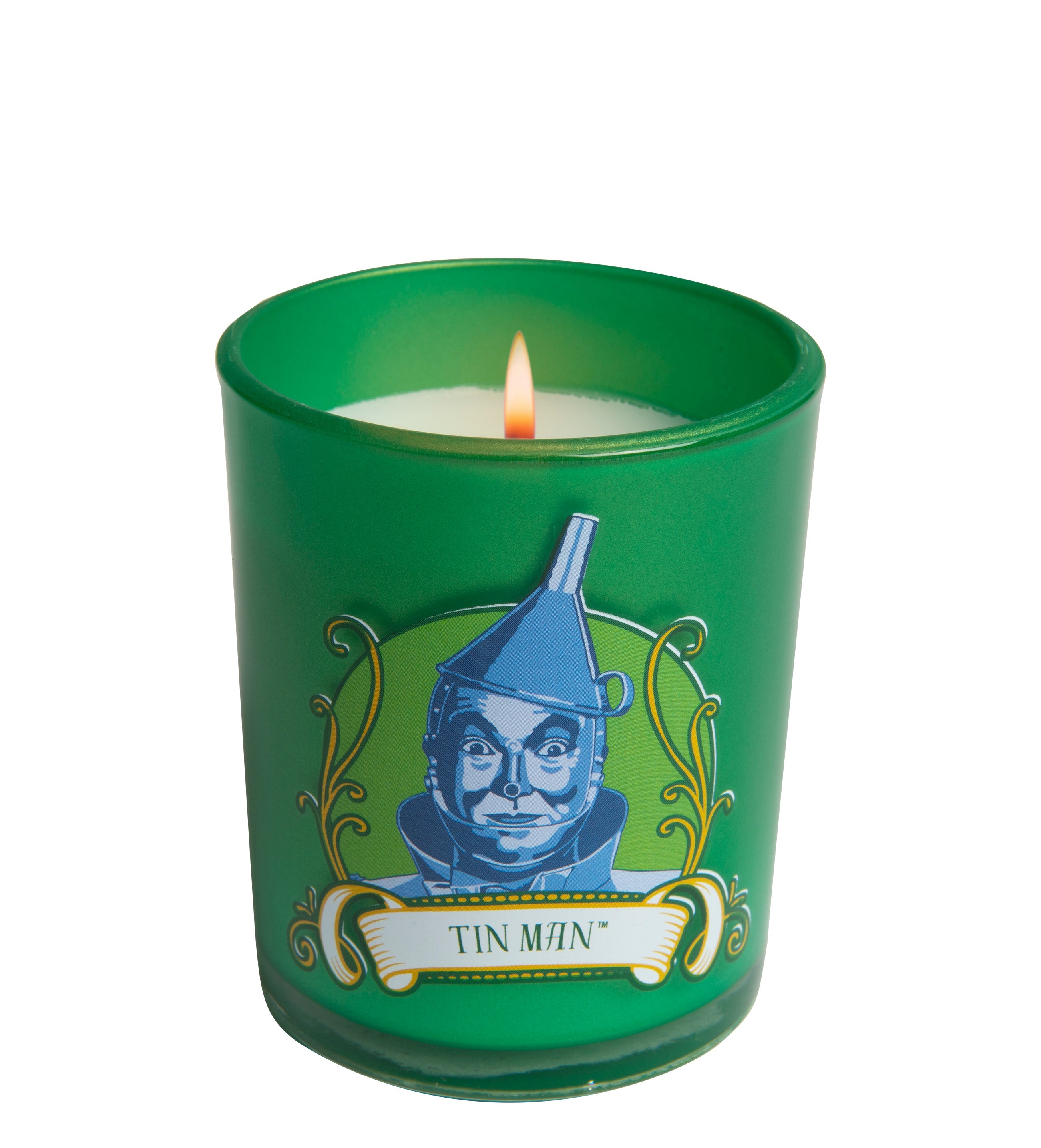 Tin Man glass votive candle from The Wizard of Oz, Insight Editions home decor item with detailed tin man design.