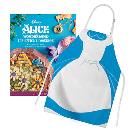 Alice in Wonderland gift set kit with themed cookbook and apron from Insight Editions, featuring whimsical designs and vibrant colors.