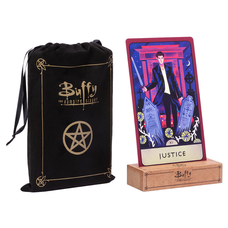 Buffy the Vampire Slayer Mega-Sized Tarot Deck and Guidebook kit by Insight Editions, featuring colorful tarot cards and instruction booklet.