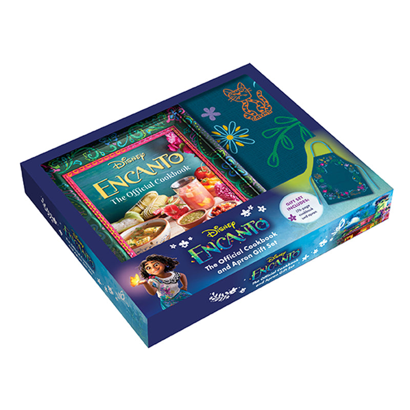 Encanto official cookbook and apron gift set by Insight Editions, featuring colorful cooking accessories and themed recipe pages.