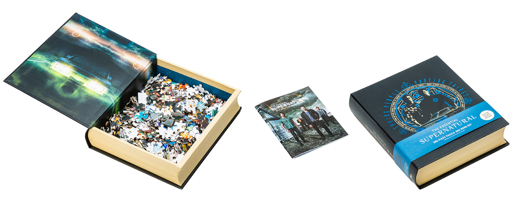 Insight Editions Supernatural puzzle and book set kit featuring illustrated cover and assembled puzzle pieces.