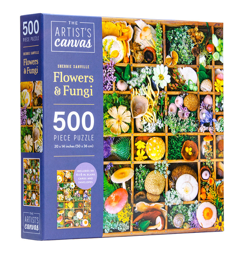 Flowers and Fungi Jigsaw Puzzle kit by Insight Editions featuring vibrant floral and mushroom images for puzzle assembly.