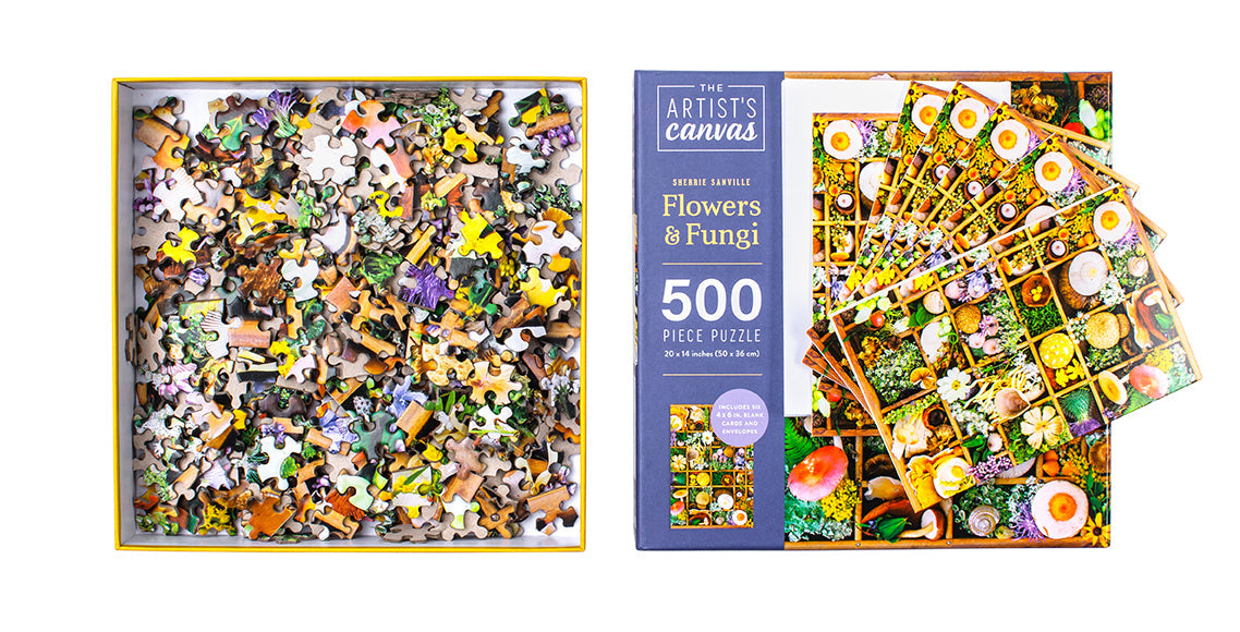 Flowers and Fungi jigsaw puzzle kit by Insight Editions featuring colorful botanical and mushroom illustrations.