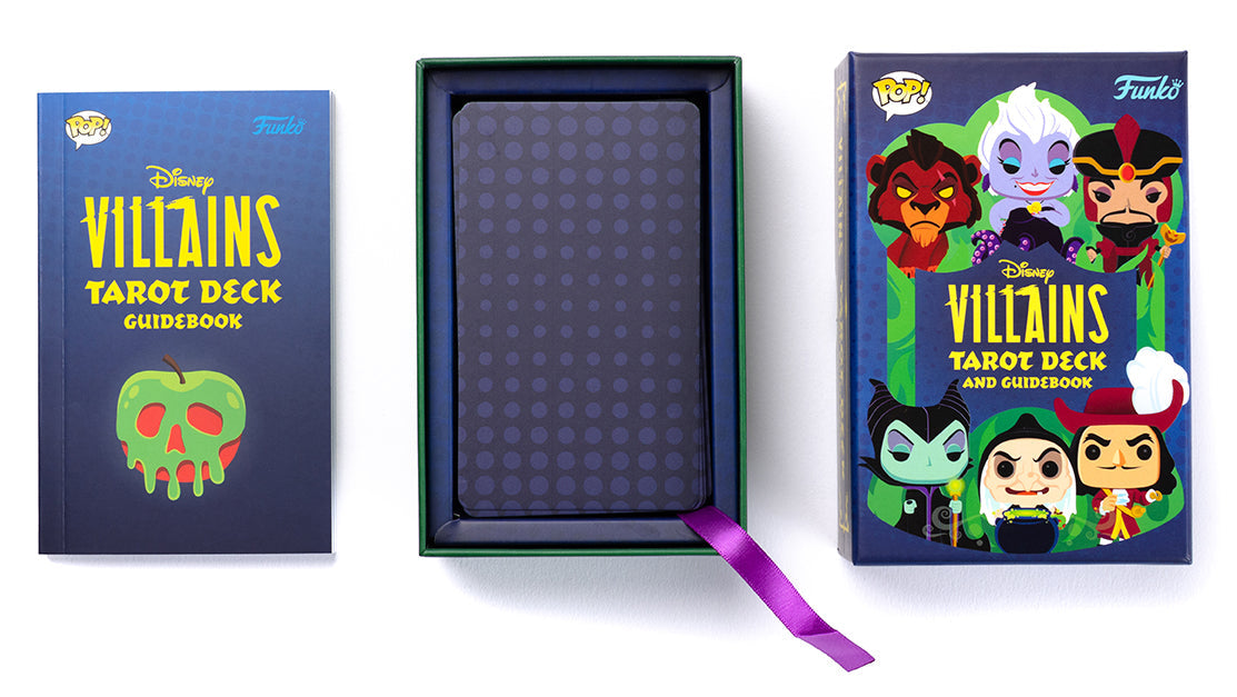 Funko Disney Villains Tarot Deck and Guidebook kit featuring colorful villain-themed cards and instructions by Insight Editions.