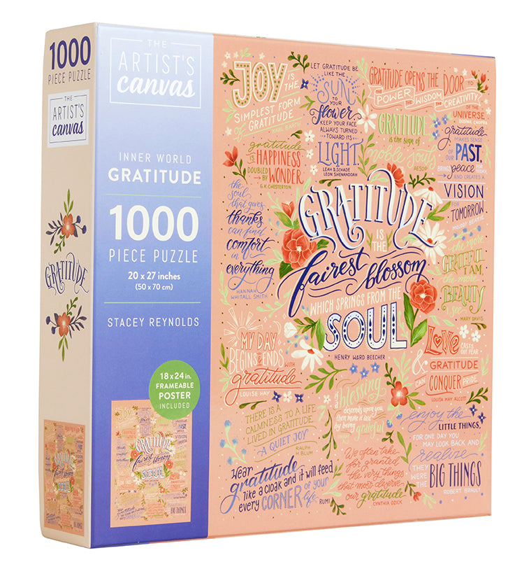 Insight Editions Gratitude Jigsaw Puzzle kit featuring colorful pieces and a motivational gratitude-themed design.