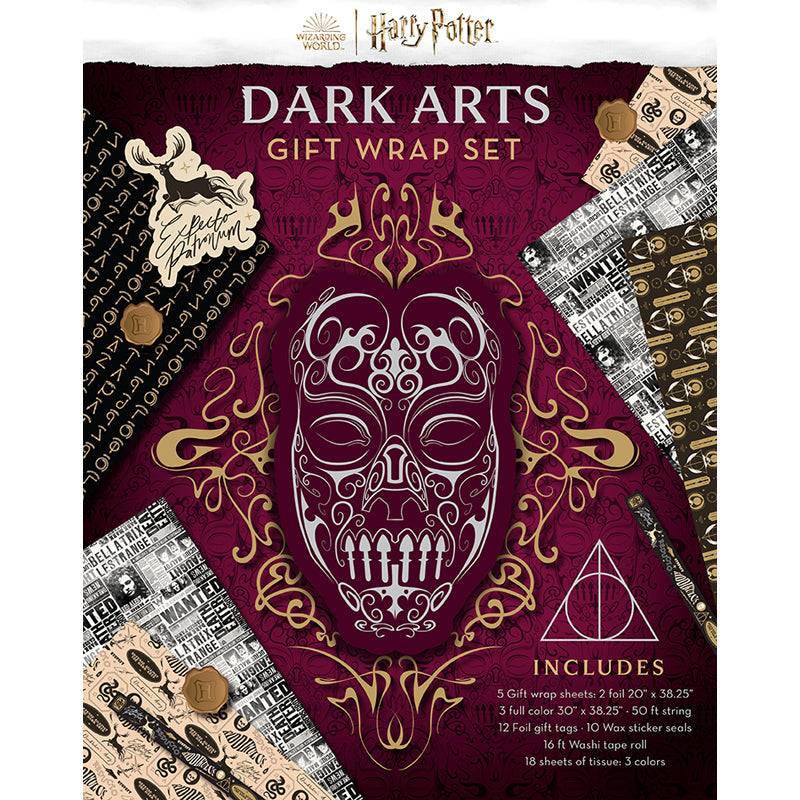 Harry Potter Dark Arts gift wrap and stationery set by Insight Editions featuring magical designs and themed accessories.