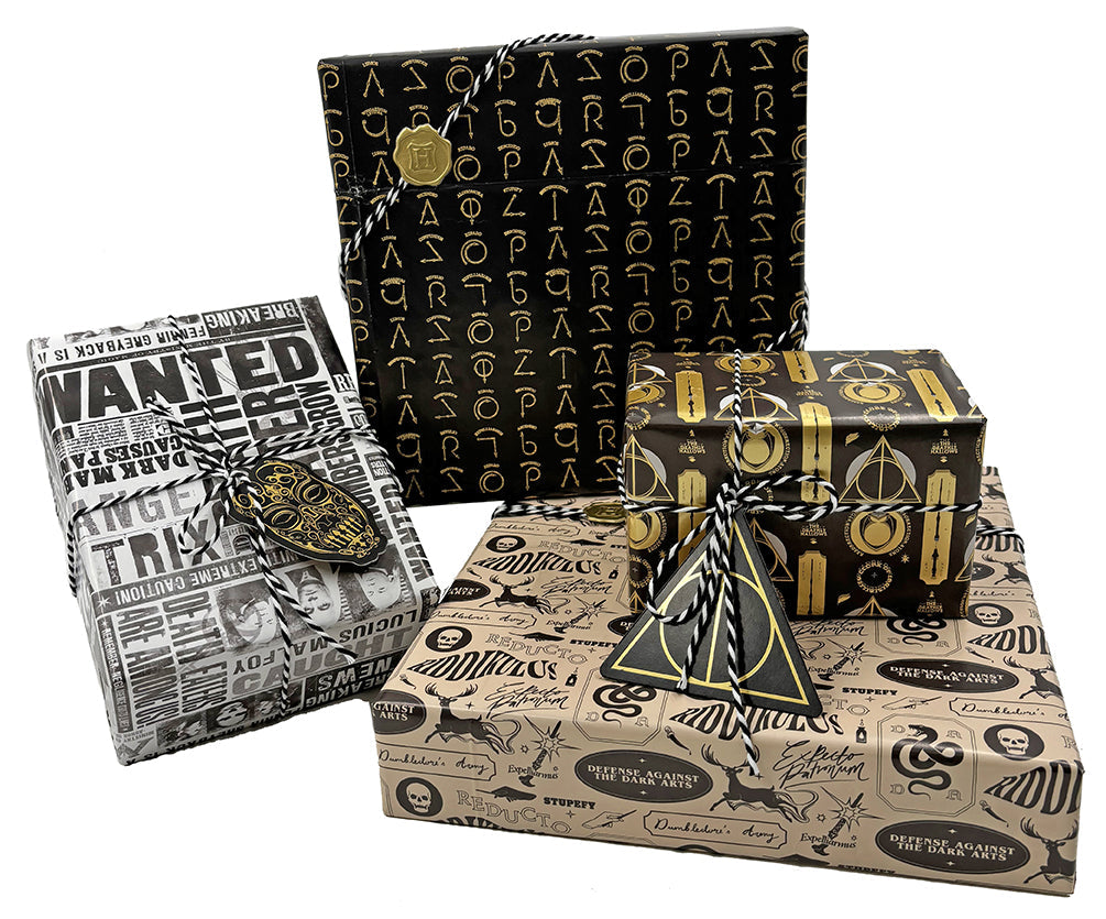 Harry Potter Dark Arts gift wrap and stationery set by Insight Editions, featuring themed paper, envelopes, and decorative accessories.
