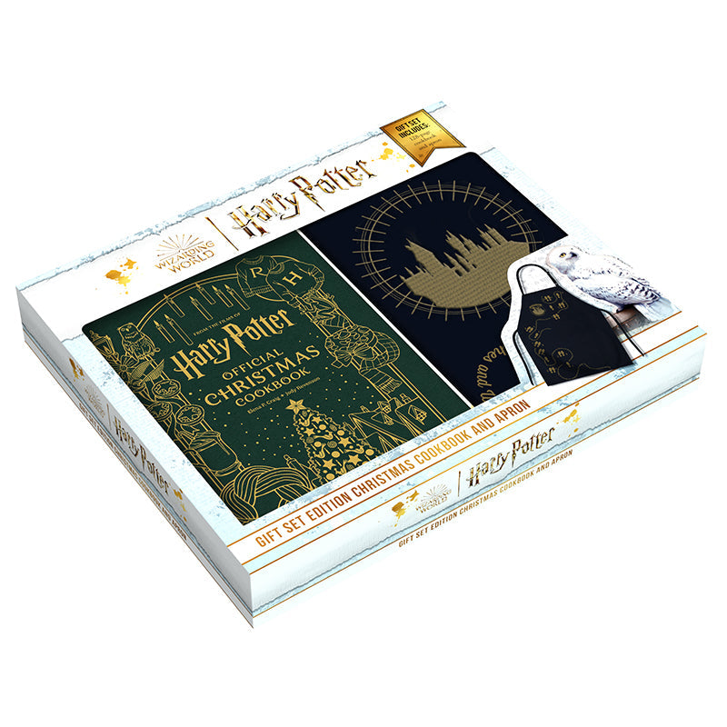 Harry Potter gift set with Christmas cookbook and themed apron from Insight Editions, featuring magical design and festive details.