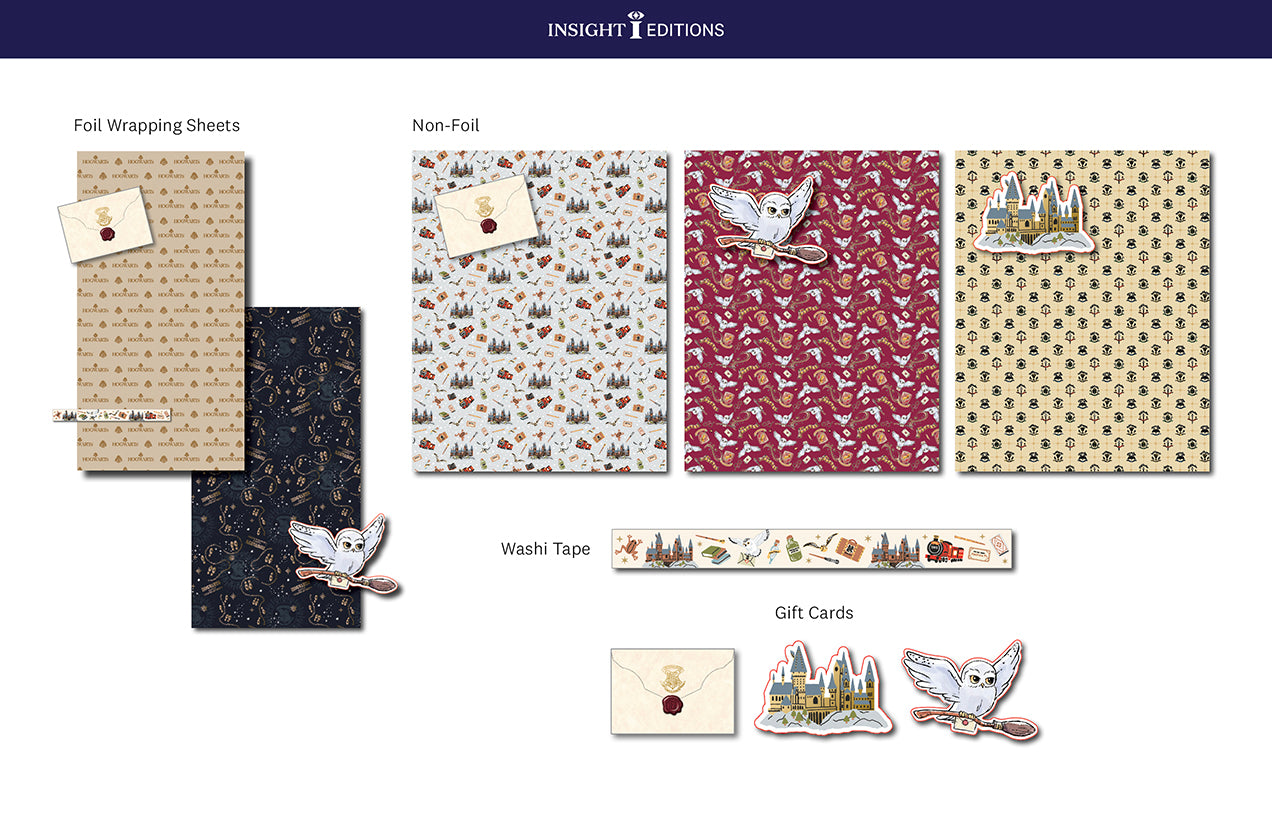 Harry Potter Hogwarts gift wrap and stationery set by Insight Editions, featuring themed wrapping paper, tags, and writing accessories.