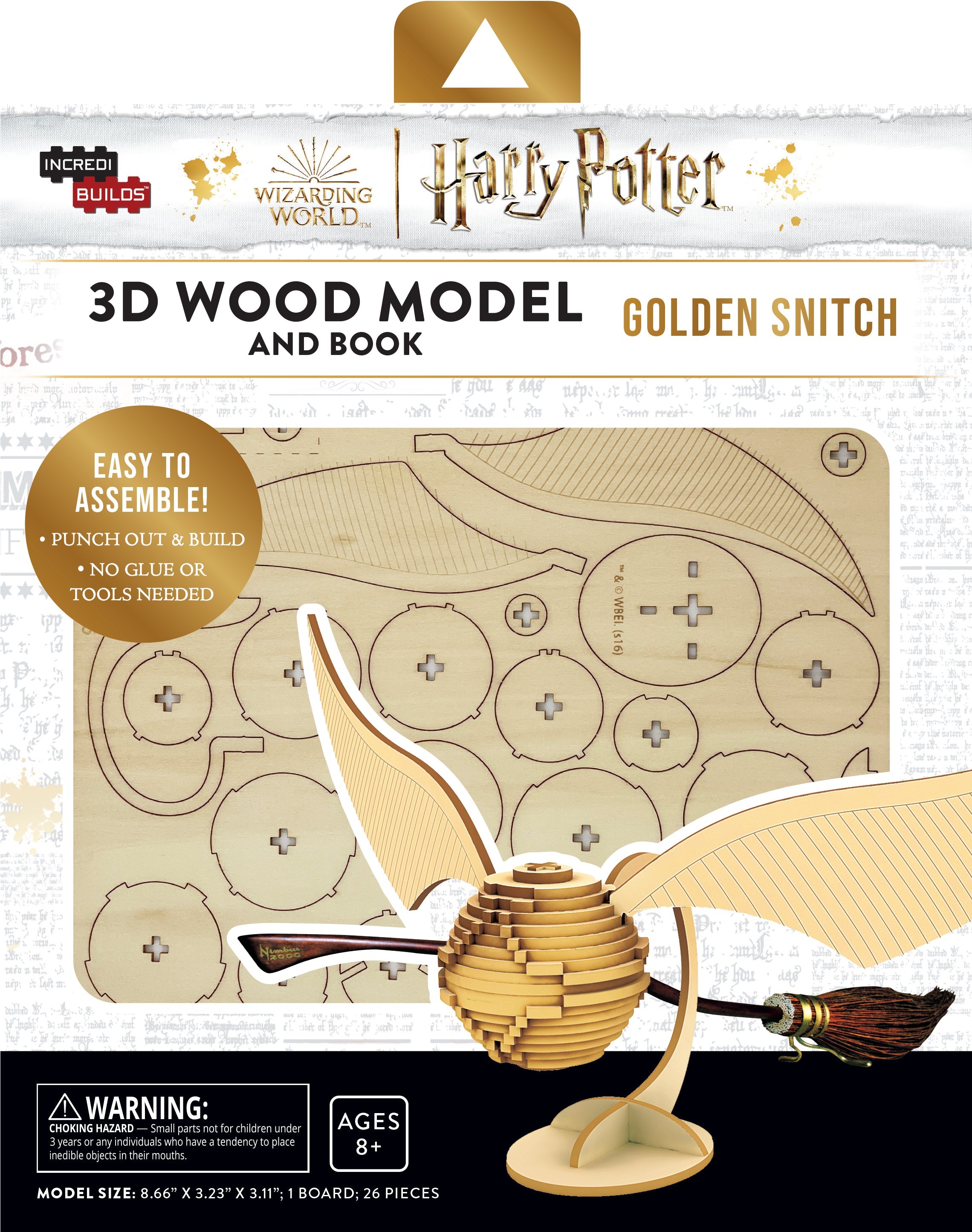 Insight Editions Harry Potter Golden Snitch 3D wood model kit with accompanying book, featuring detailed craftsmanship and packaging.
