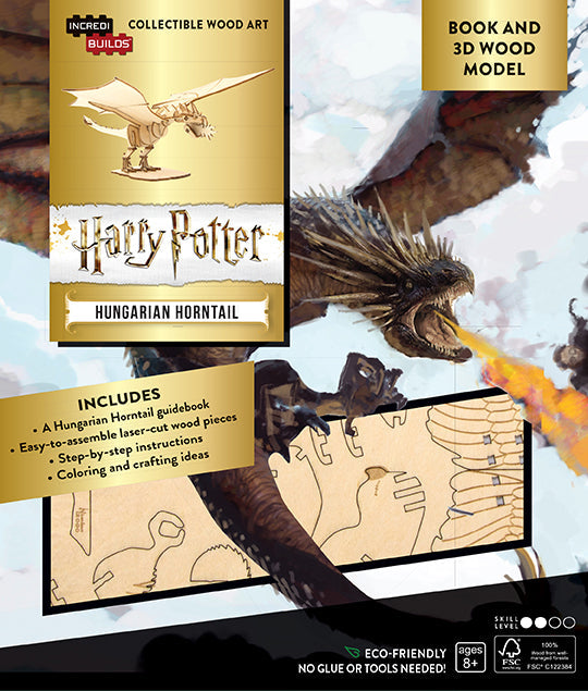 IncrediBuilds Harry Potter Hungarian Horntail kit featuring a detailed book and 3D wood model of the dragon.