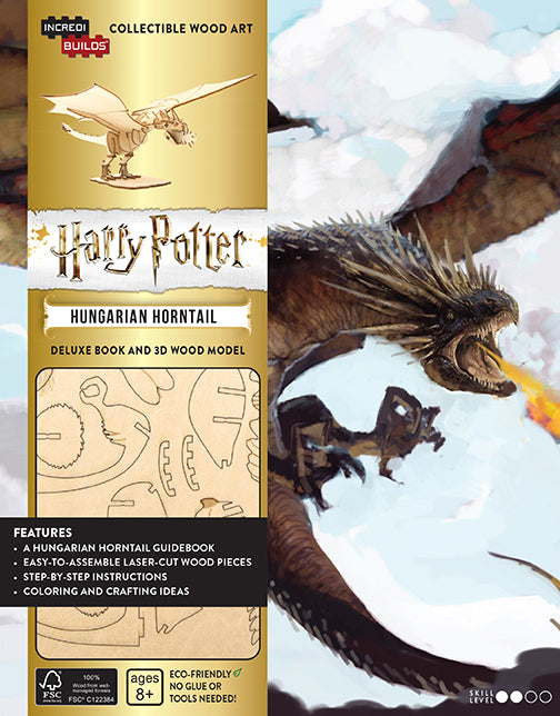 IncrediBuilds Harry Potter Hungarian Horntail kit featuring a deluxe book and 3D wooden model of the Hungarian Horntail dragon.