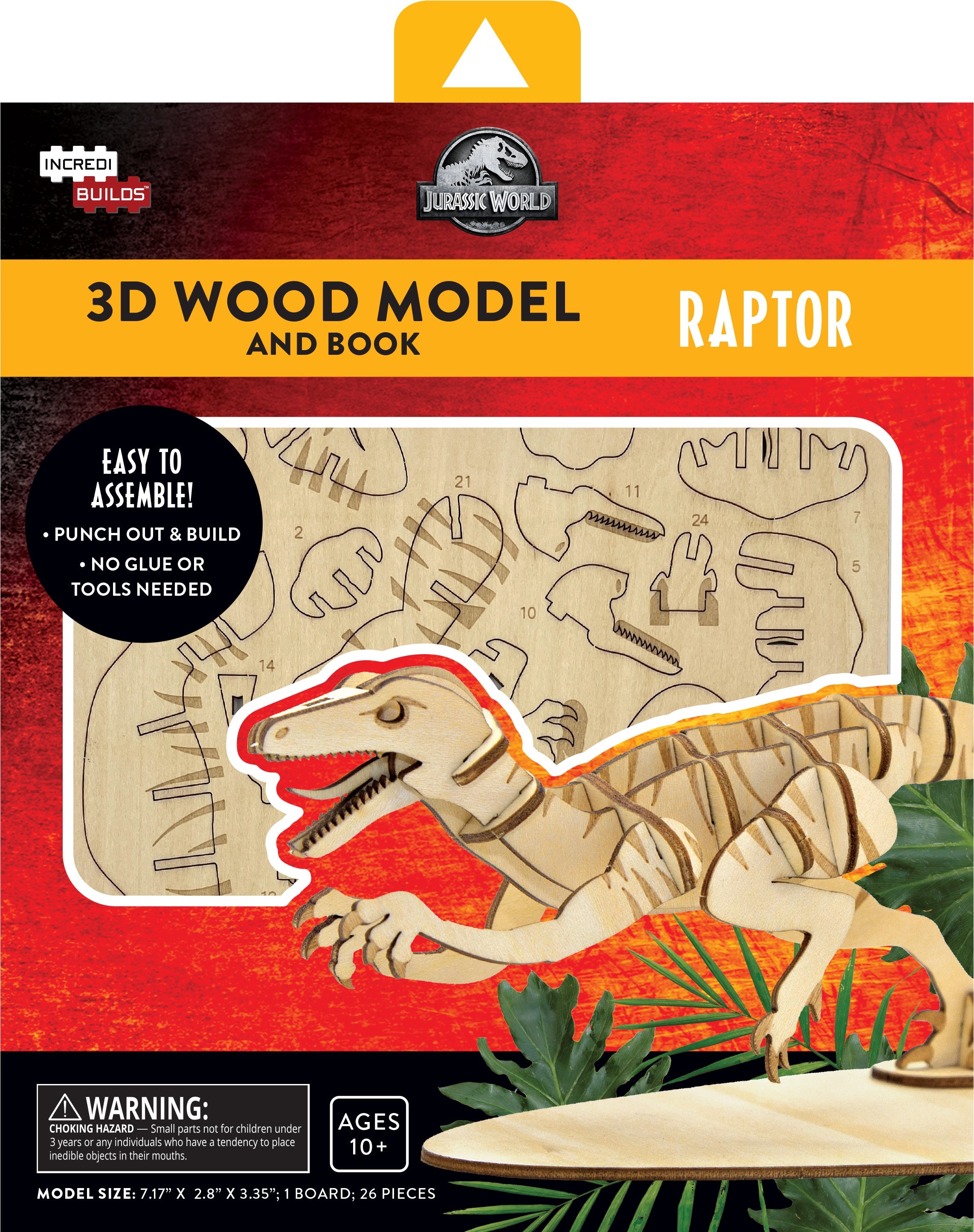 IncrediBuilds Jurassic World Raptor 3D wood model kit with accompanying book, featuring realistic Raptor design and detailed packaging.
