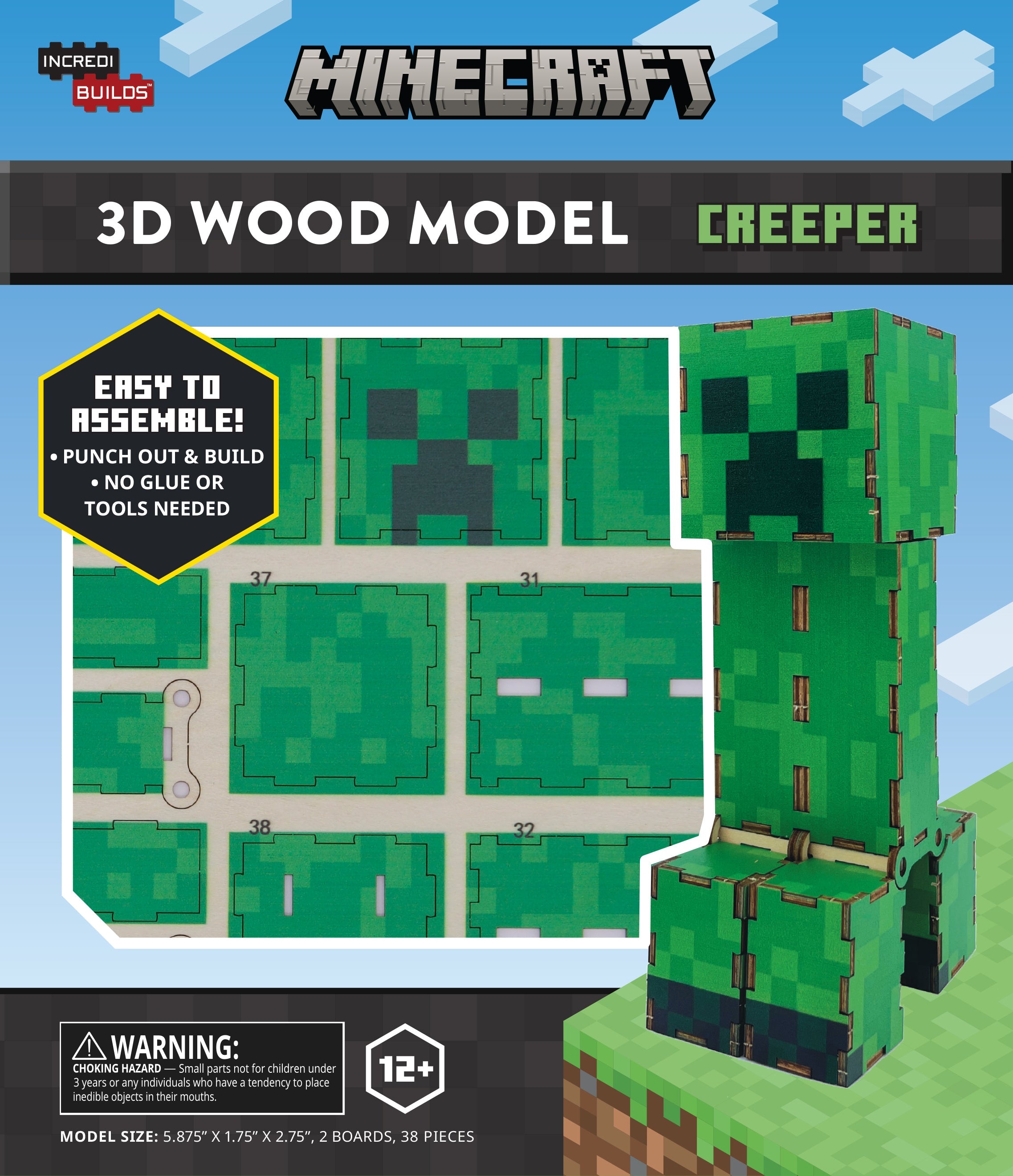 IncrediBuilds Minecraft Creeper 3D wood model kit by Insight Editions, featuring assembled green Creeper figure from Minecraft.