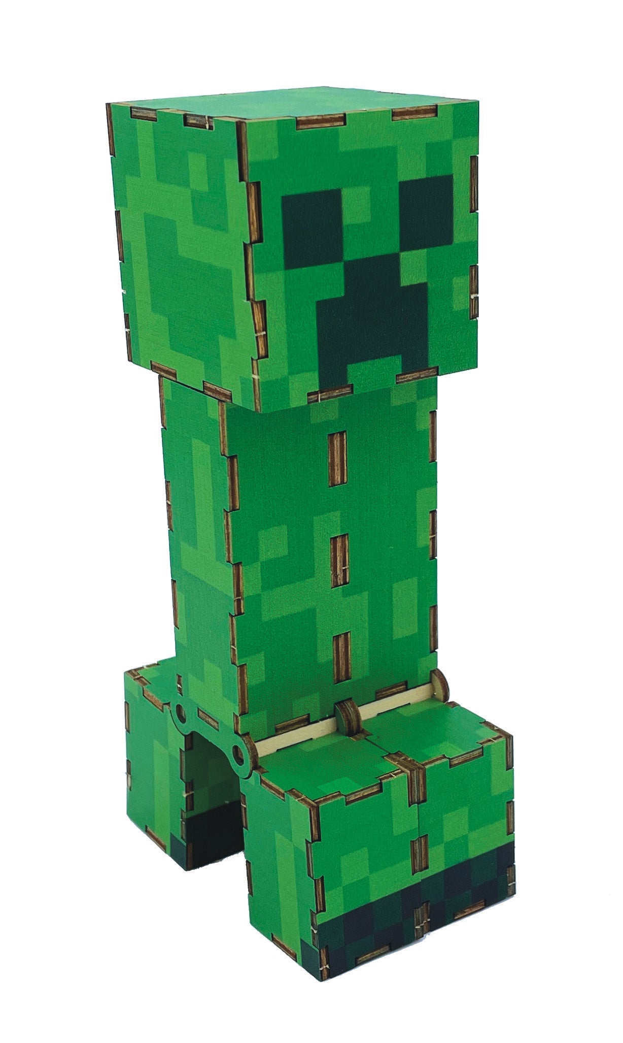Minecraft Creeper 3D Wood Model kit by Insight Editions featuring assembled green wooden Creeper figure.