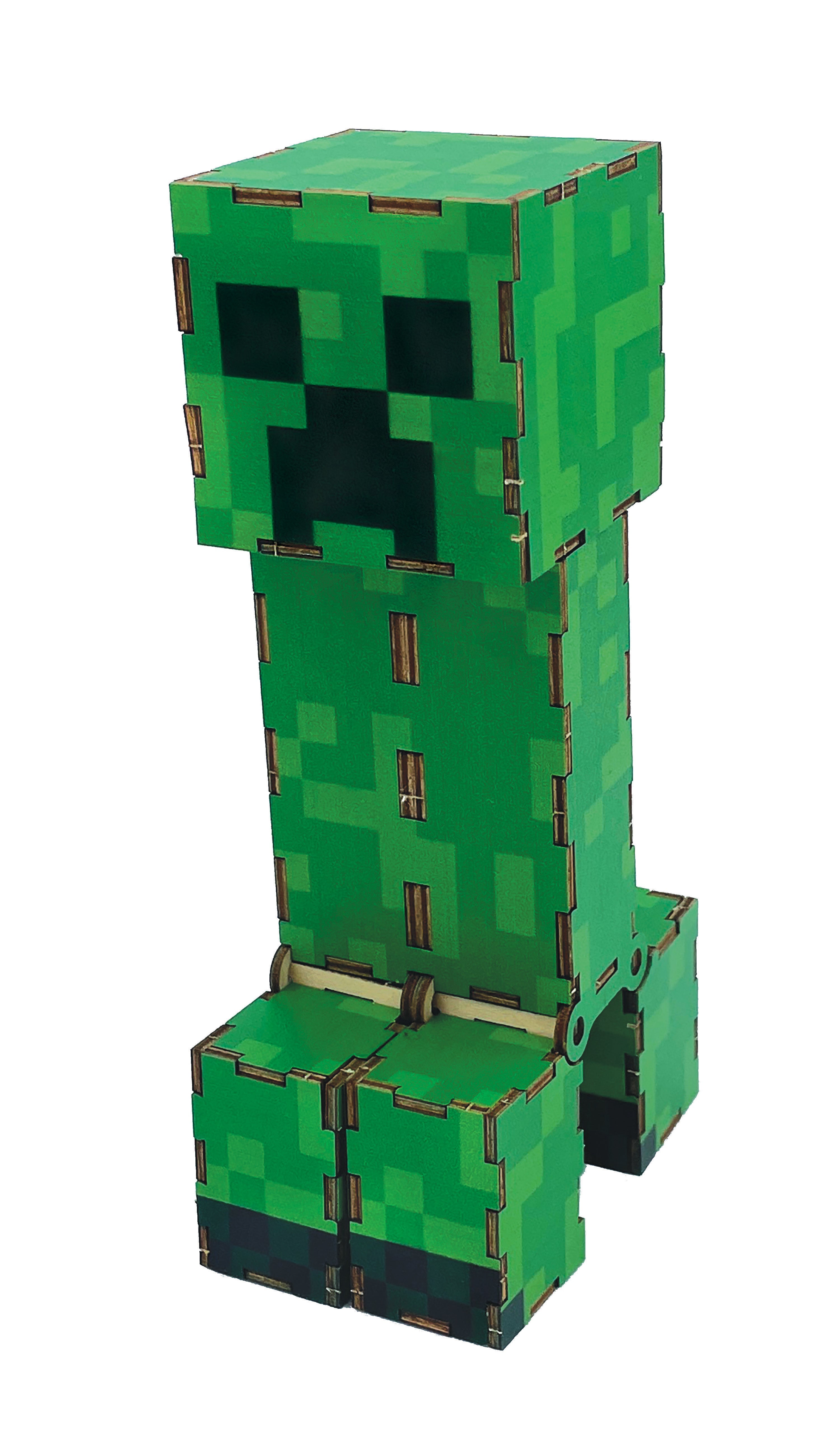 Minecraft Creeper 3D wood model kit by IncrediBuilds, featuring detailed wooden pieces assembled into a Creeper figure.