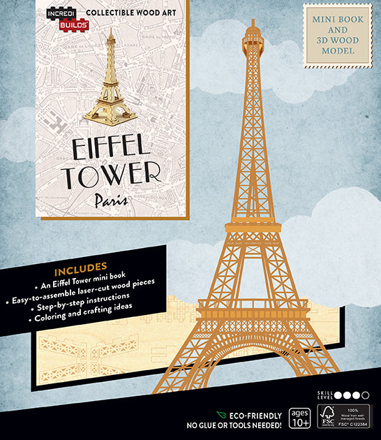 IncrediBuilds Paris Eiffel Tower kit featuring a detailed 3D wood model and booklet by Insight Editions.
