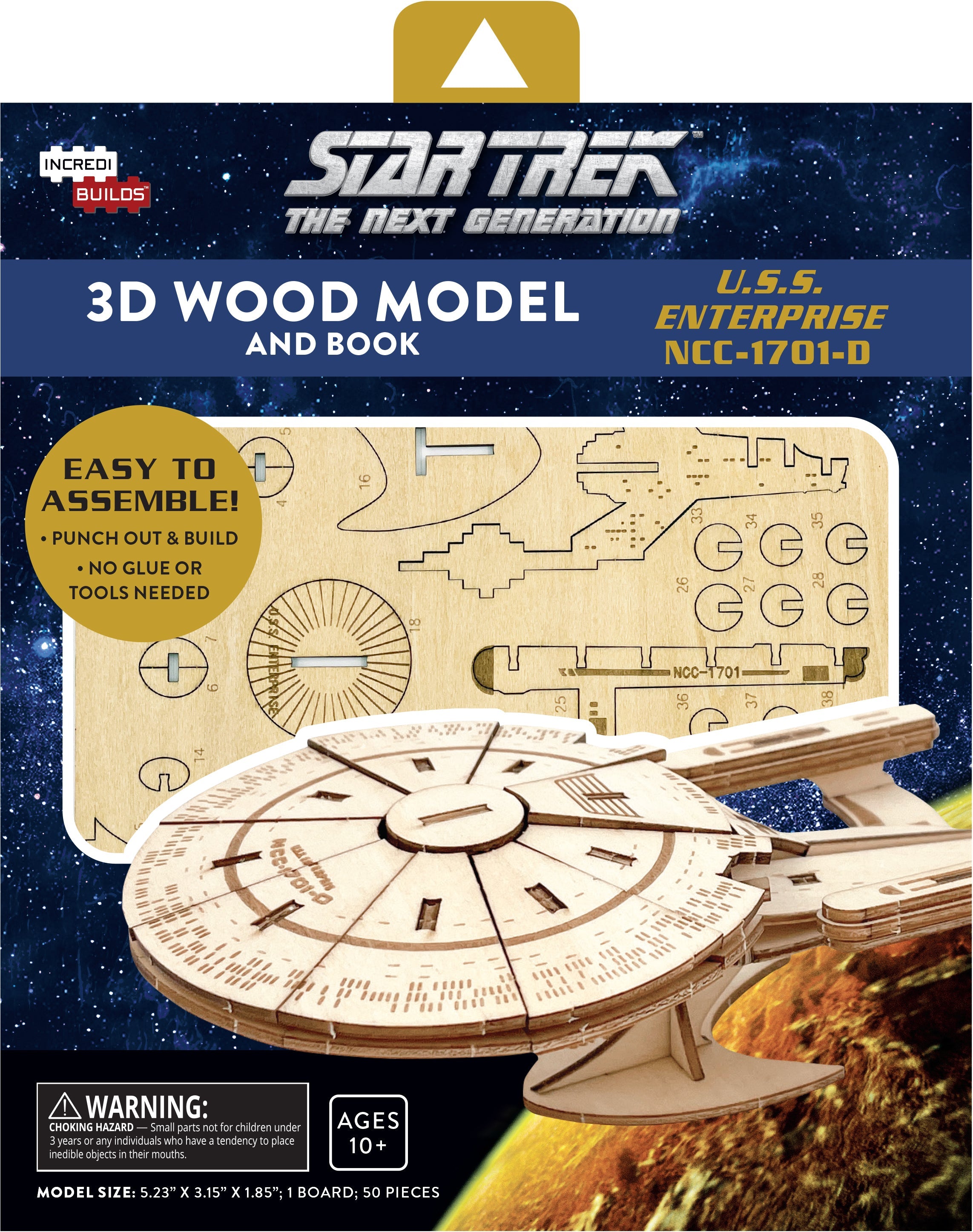 IncrediBuilds Star Trek The Next Generation U.S.S. Enterprise NCC-1701-D 3D wood model kit with book, featuring detailed spaceship design.