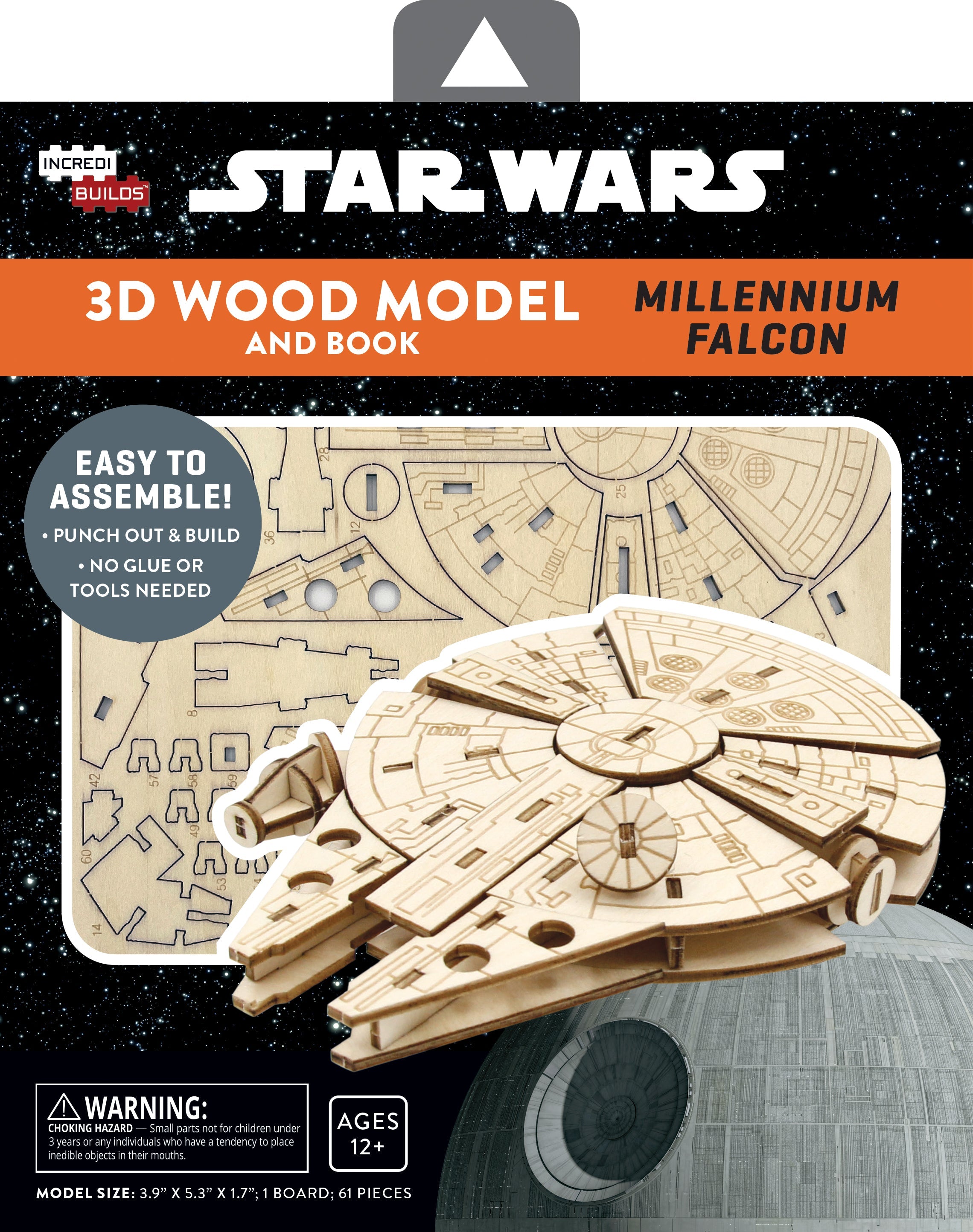 IncrediBuilds Star Wars Millennium Falcon 3D wood model kit with instructional book by Insight Editions displayed on a table.
