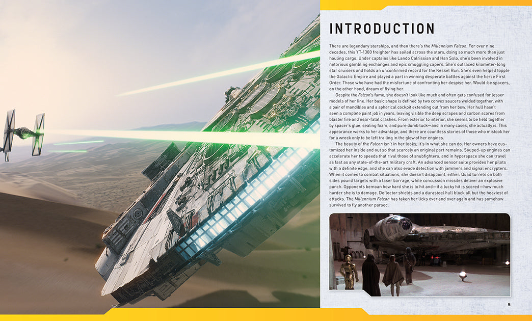 IncrediBuilds Star Wars Millennium Falcon 3D wood model kit with accompanying book, detailed view of the assembled model and packaging.