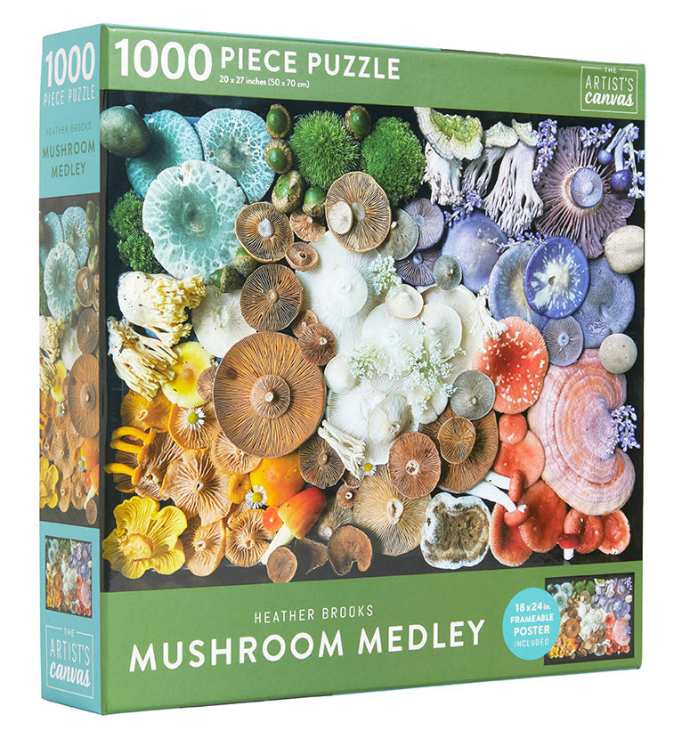 Insight Editions Mushroom Medley jigsaw puzzle kit featuring colorful mushroom illustrations and detailed artwork.