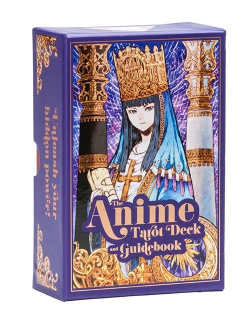 Anime Tarot Deck and Guidebook kit by Insight Editions, featuring colorful card illustrations and a detailed instruction guide.