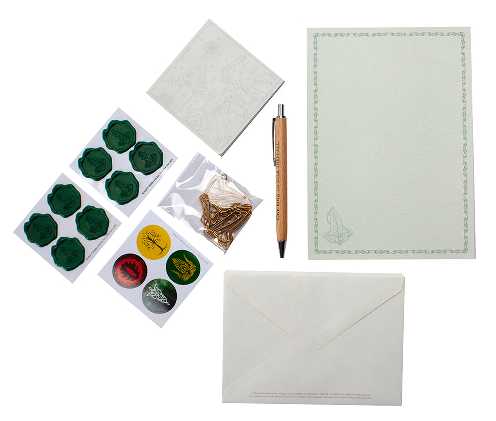Insight Editions Lord of the Rings One Ring stationery set kit with writing tools and accessories featuring Middle-earth design elements.