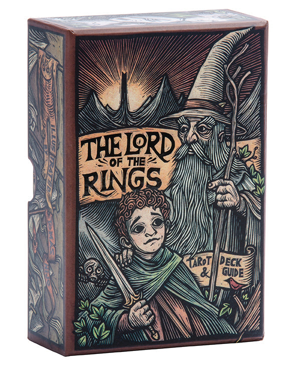 The Lord of the Rings Tarot Deck and Guide kit with a detailed cover featuring artwork from the fantasy card set by Insight Editions.