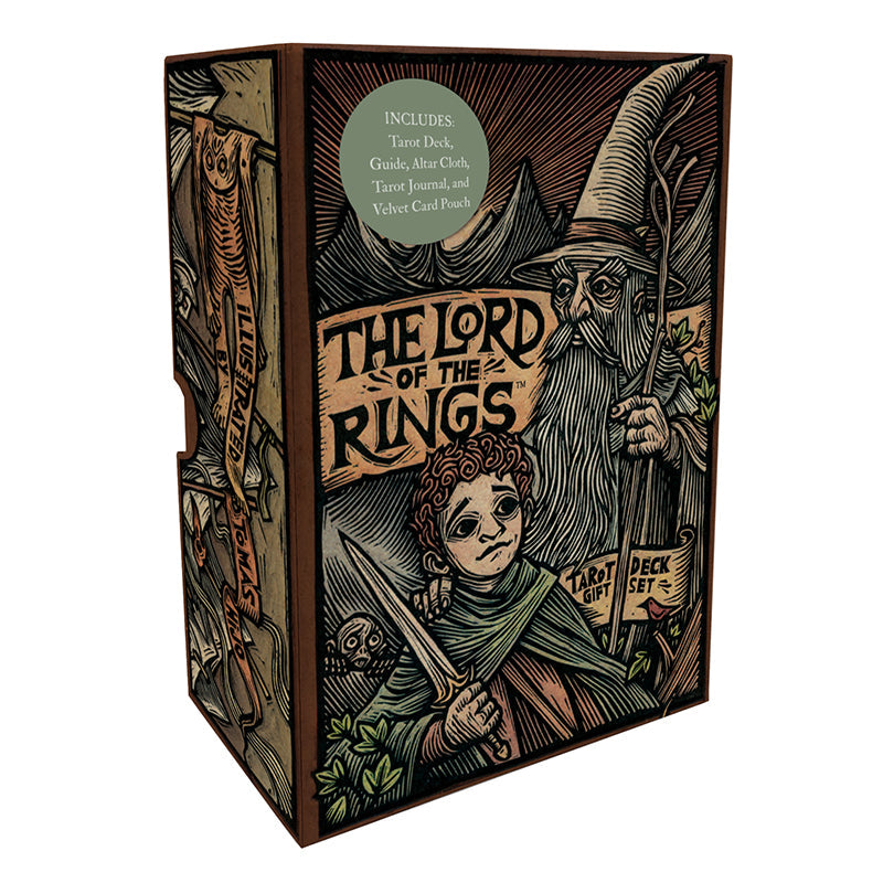 Inside view of The Lord of the Rings Tarot Deck and Guide Kit by Insight Editions, showing tarot cards and guidebook pages.