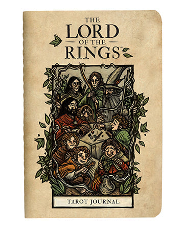 Inside view of The Lord of the Rings Tarot Deck and Guide Gift Set by Insight Editions, showing tarot cards and guidebook pages.