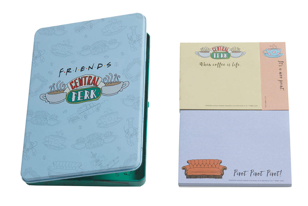Friends Central Perk sticky note tin set by Insight Editions, featuring themed notes inside a decorative tin for stationery lovers.