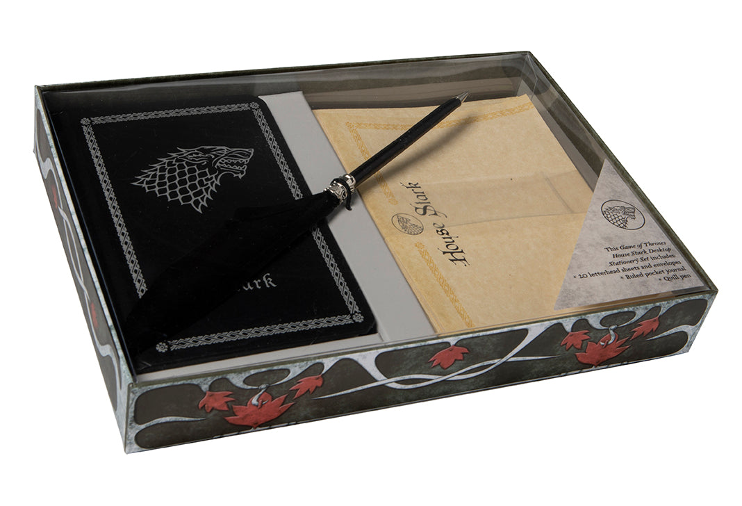 Game of Thrones House Stark desktop stationery set with pen, featuring themed paper, notepad, and writing accessories in a themed kit.