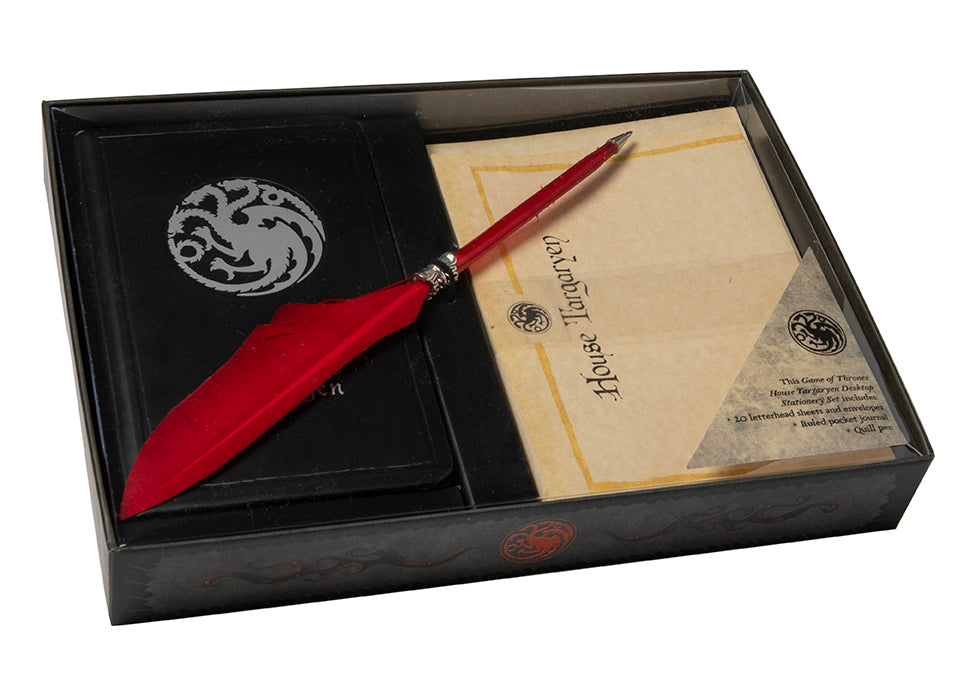 Game of Thrones House Targaryen desktop stationery set with pen featuring dragon emblem and Targaryen sigil, perfect for fans.