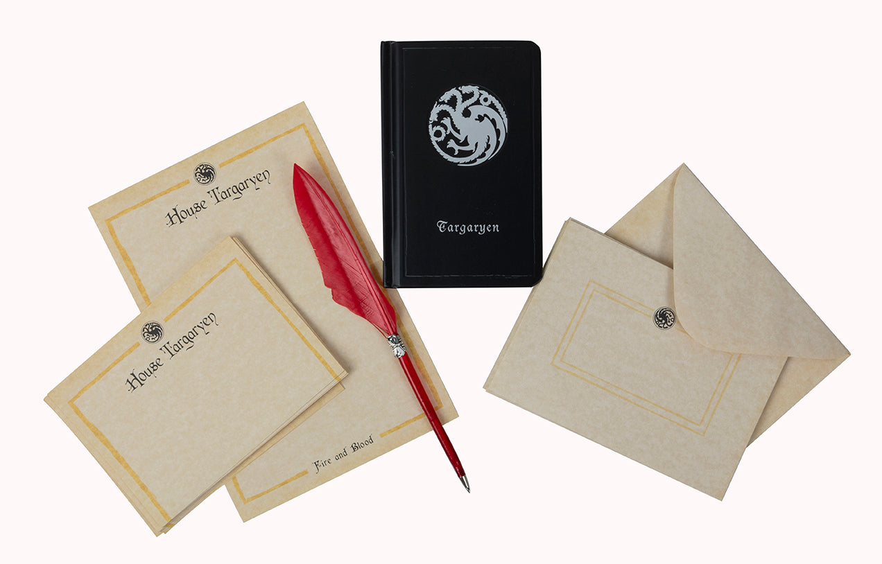 Game of Thrones House Targaryen desktop stationery set with pen, featuring dragon emblem and themed design by Insight Editions.
