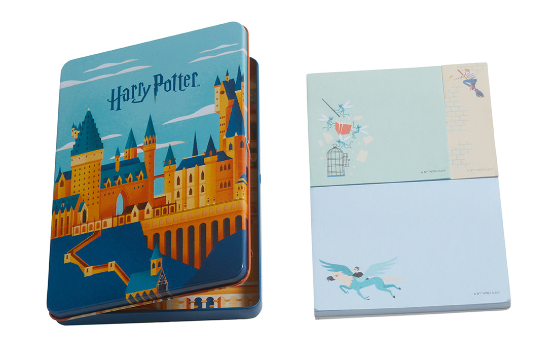 Harry Potter Exploring Hogwarts sticky note tin set by Insight Editions, featuring wizard-themed stationery and colorful notes in a collectible tin.