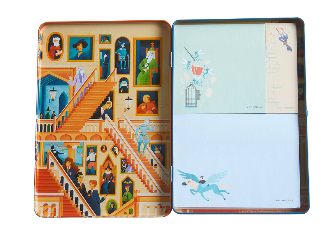 Harry Potter Exploring Hogwarts sticky note tin set featuring wizard-themed stationery and colorful notes inside.