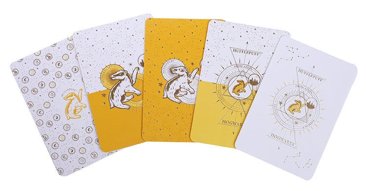 Set of 20 Harry Potter Hufflepuff constellation postcards in a decorative tin, perfect for stationery and gifting.