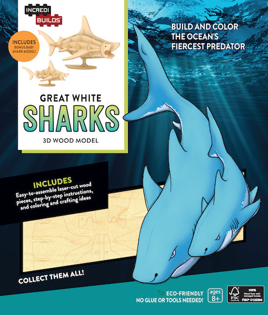 IncrediBuilds Great White Sharks 3D wood model kit, featuring detailed shark design for gift and stationery use.