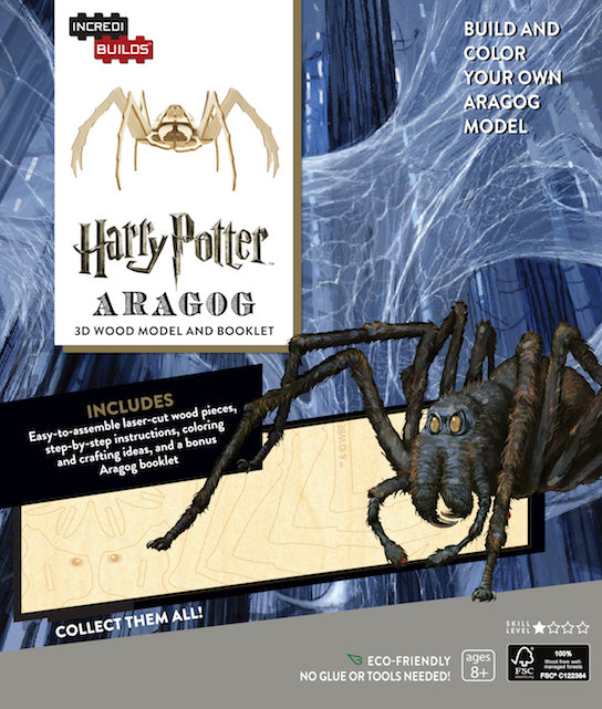 Harry Potter Aragog 3D wood model kit with booklet from IncrediBuilds, featuring detailed Aragog figure and packaging.