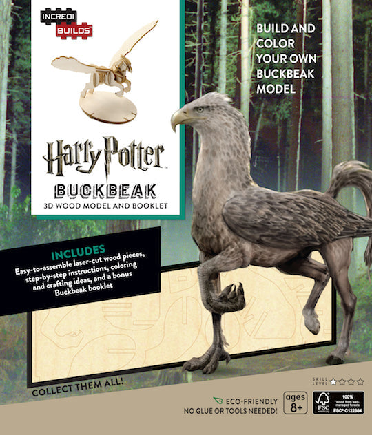 IncrediBuilds Harry Potter Buckbeak 3D wood model kit with booklet, featuring detailed Buckbeak figure and packaging.