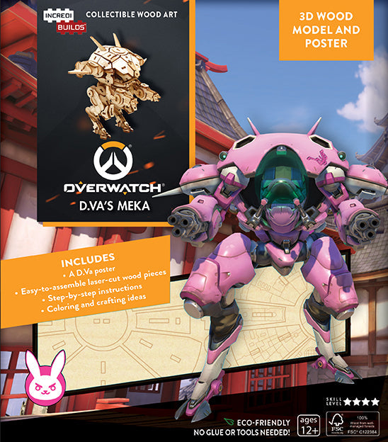 IncrediBuilds Overwatch D.Va's MEKA 3D wood model and poster kit by Insight Editions featuring detailed model and collectible poster
