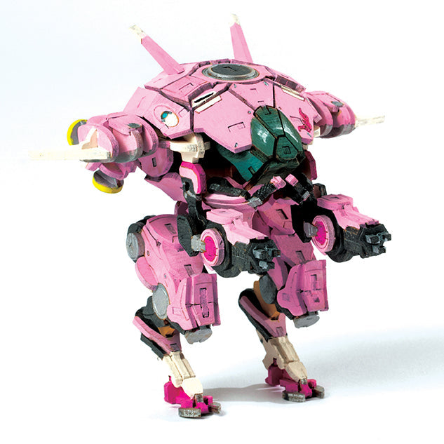 IncrediBuilds Overwatch D.Va's MEKA 3D wood model and poster kit, featuring detailed craft components and vibrant poster artwork.