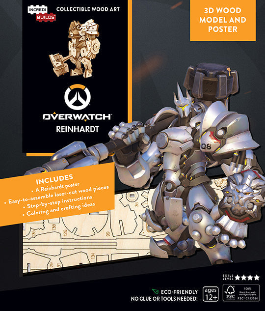 IncrediBuilds Overwatch Reinhardt 3D wood model kit with poster, featuring detailed wooden construction and vibrant artwork.
