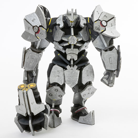 IncrediBuilds Overwatch Reinhardt 3D wood model kit with poster, featuring detailed wooden construction and colorful Overwatch artwork.